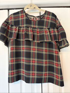J. Crew Multicolor Plaid Ruffle Yoke Top